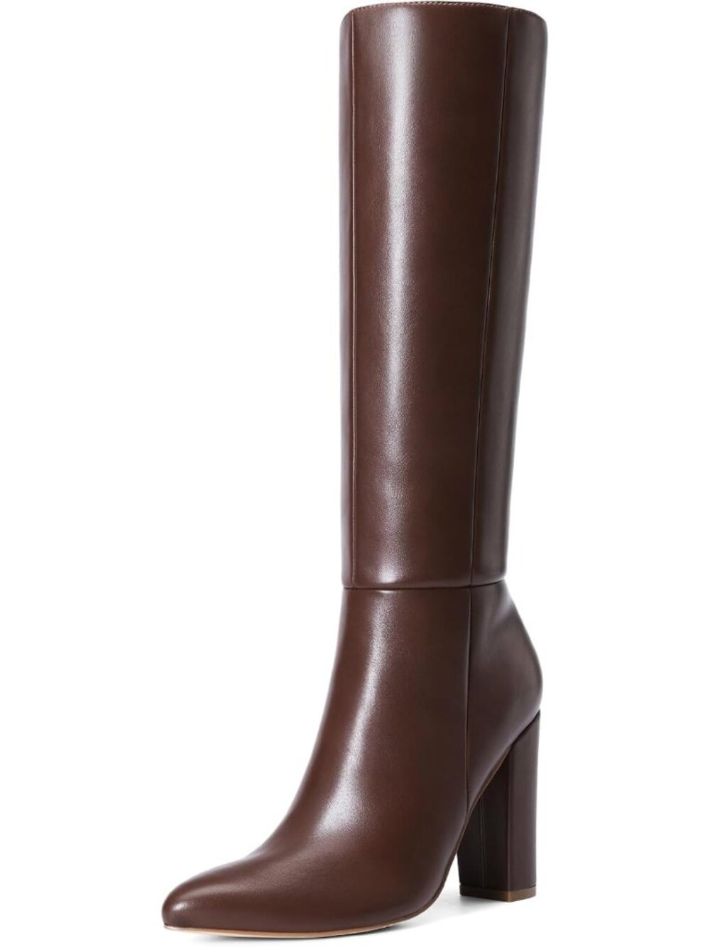 Women's Brown Faux Leather Chunky Heel Pointed Toe Side Zipper Knee High Boots